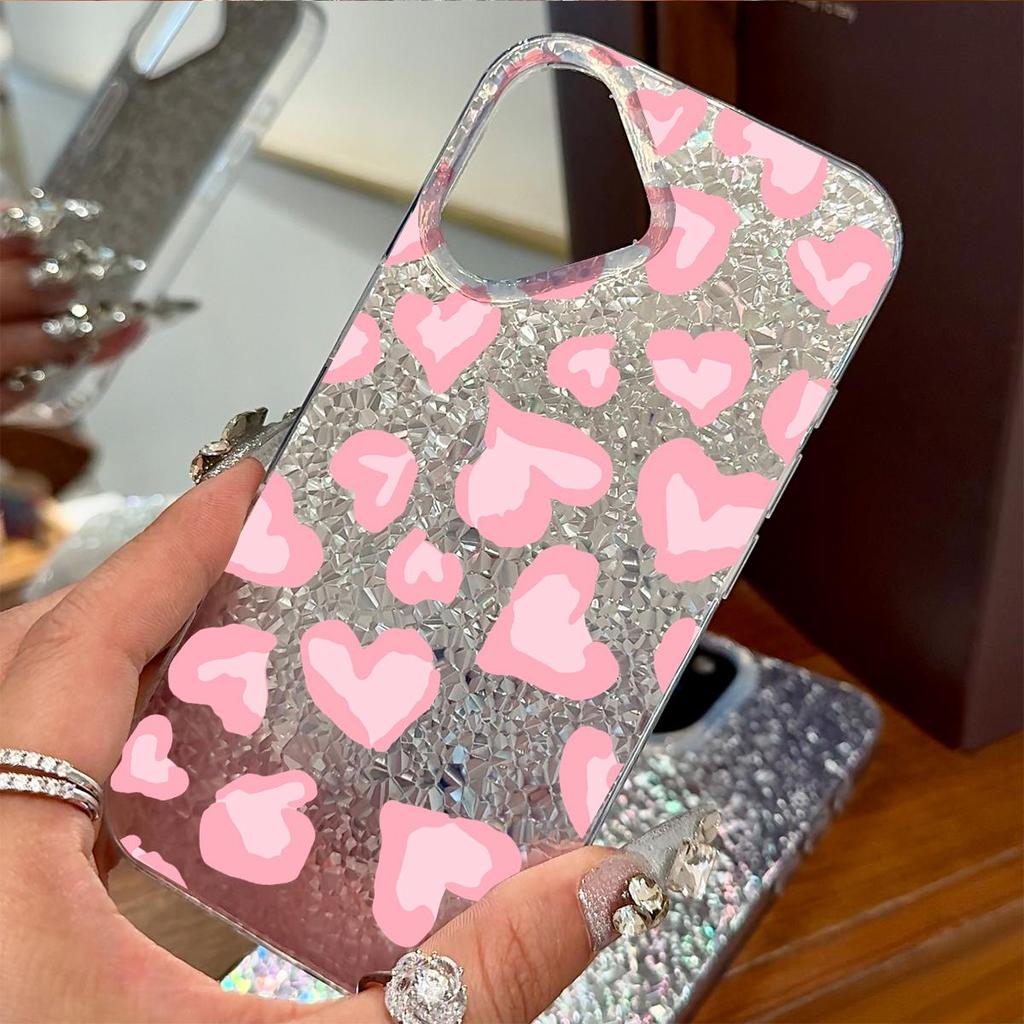 Pink Heart Romance Case for iphone XR 14 XS Max 12 11 17 Pro Air 13 18 Pro Max 15 16 Plus Silver Crushed Foil Cover