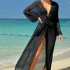 Women Bikini Cover-ups Solid Color Mesh Sheer Beach Long Dress See Through Sexy Swimwear Cover Up Summer