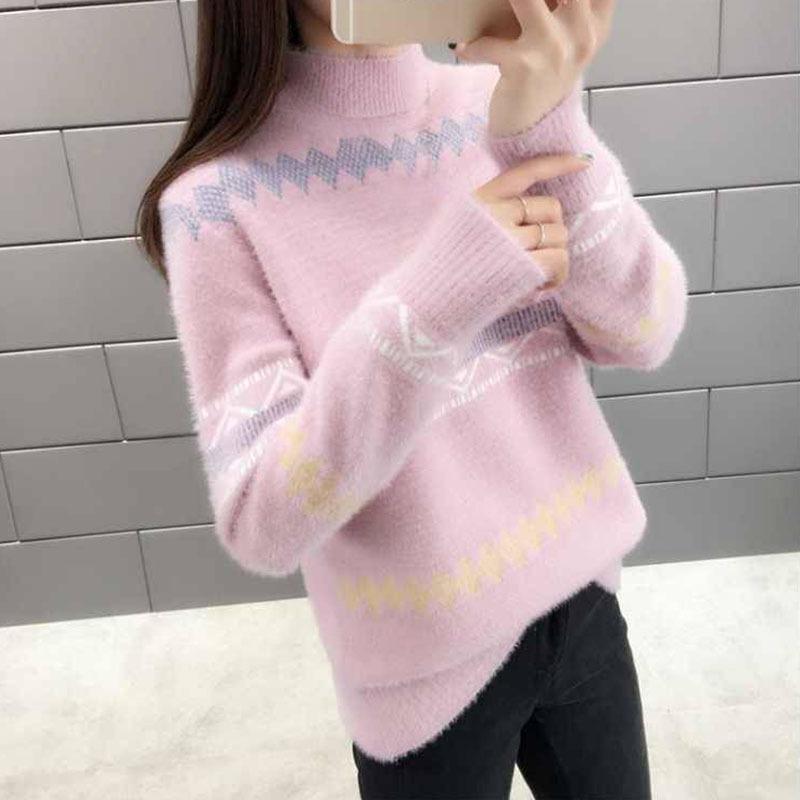 Women Fashion Half Turtleneck Basic Sweater Autumn Loose Casual Cashmere Knitting Pullovers Vintage Print Knitwear
