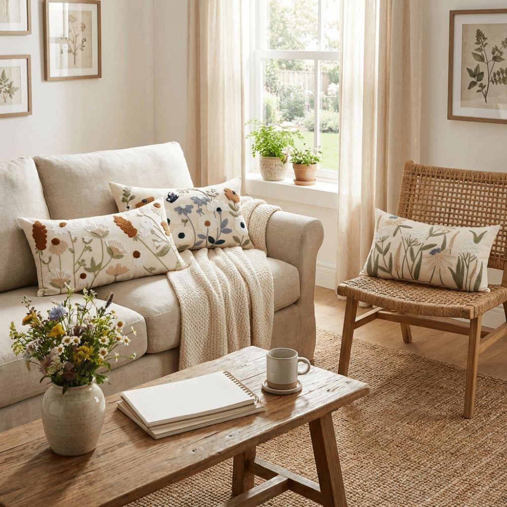 Pastoral Floral Embroidered Cushion Cover Canvas Decorative Pillow Case Living Room
