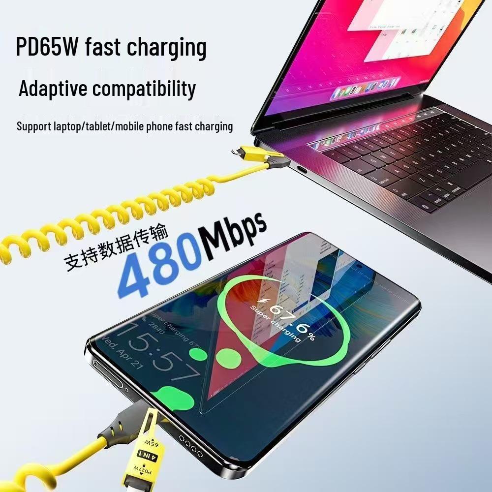 65 Вт Втягивающийся кабель 4-в-1 с пружиной для Apple, Huawei, Type-C Быстрая зарядка