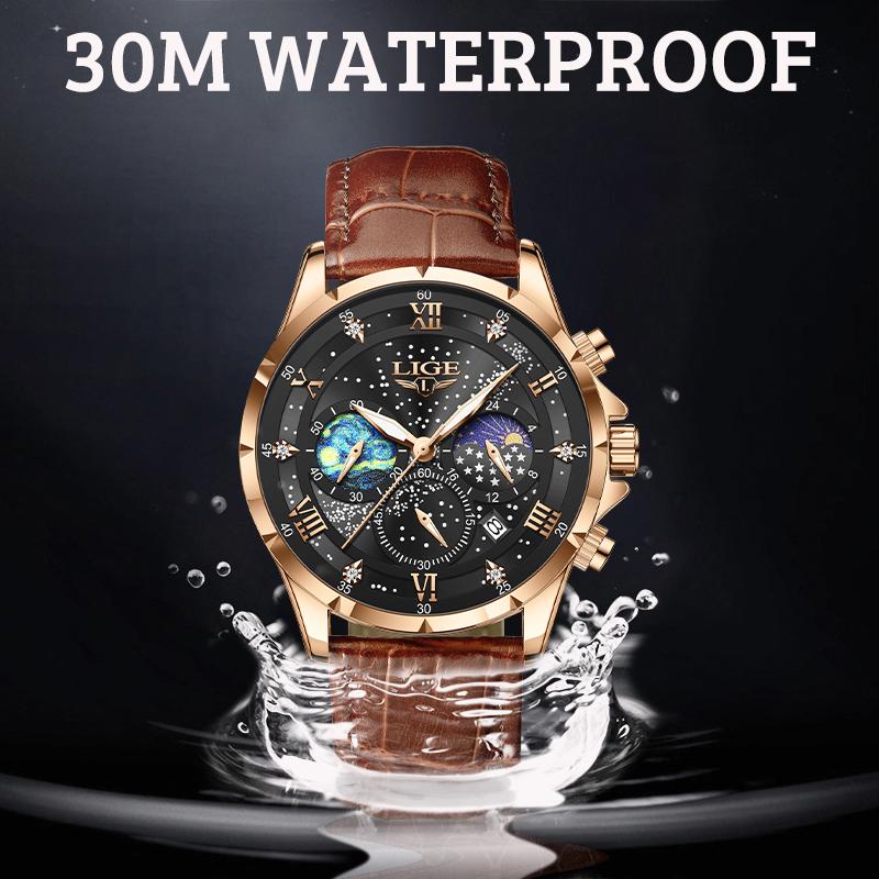 LIGE Новые модные мужские часы, роскошные деловые кожаные мужские часы со звездным небом, кварцевые часы с ночным светом, водонепроницаемые наручные часы, автоматические часы с кодом даты и времени