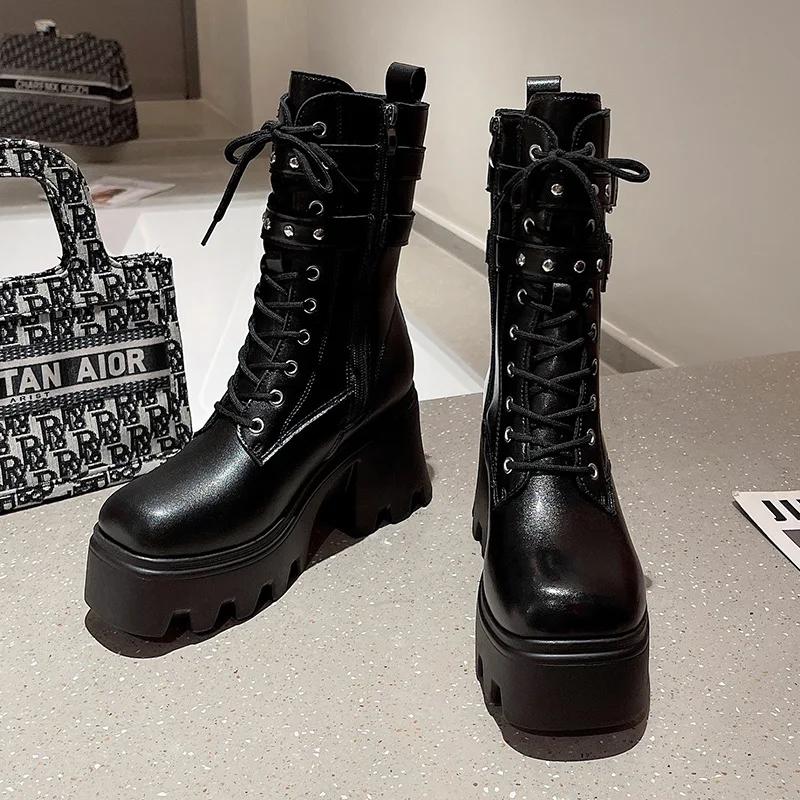 Женские сапоги в стиле панк, женские сапоги на платформе с пряжкой, готические сапоги до середины голени, осенние женские мотоциклетные сапоги из искусственной кожи, большой размер 42
