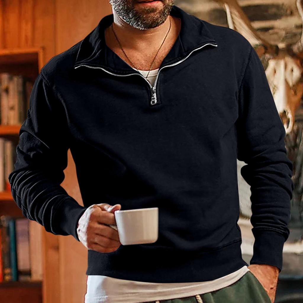 Men's Vintage High Neck Top Half Zip Sports Long Sleeve Sweater