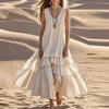 Vintage V Neck SolidPleated Vacation Dresses Women Sleeveless White Cake Display Dress Summer Ladies Beach Dresses