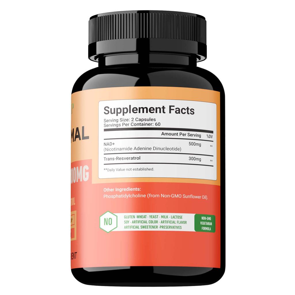 Liposomal NAD+ 800 mg Supplement Capsules with Trans-Resveratrol - Promotes Healthy Aging, Cellular Energy, DNA Repair