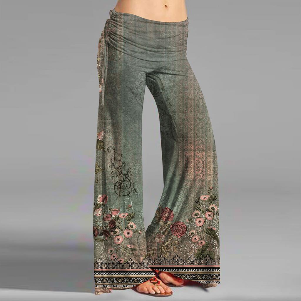 Women's Fashion Vintage Print Casual Flared Drawstring Trousers Wide Leg Pants