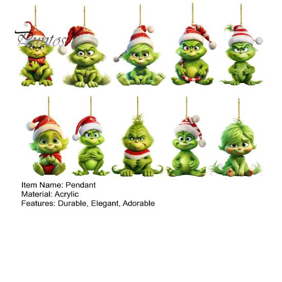 10Pcs Christmas Tree Decorations Acrylic Cute Green Elf Doll Pendants Festive Hanging Ornaments for Car Window Wall