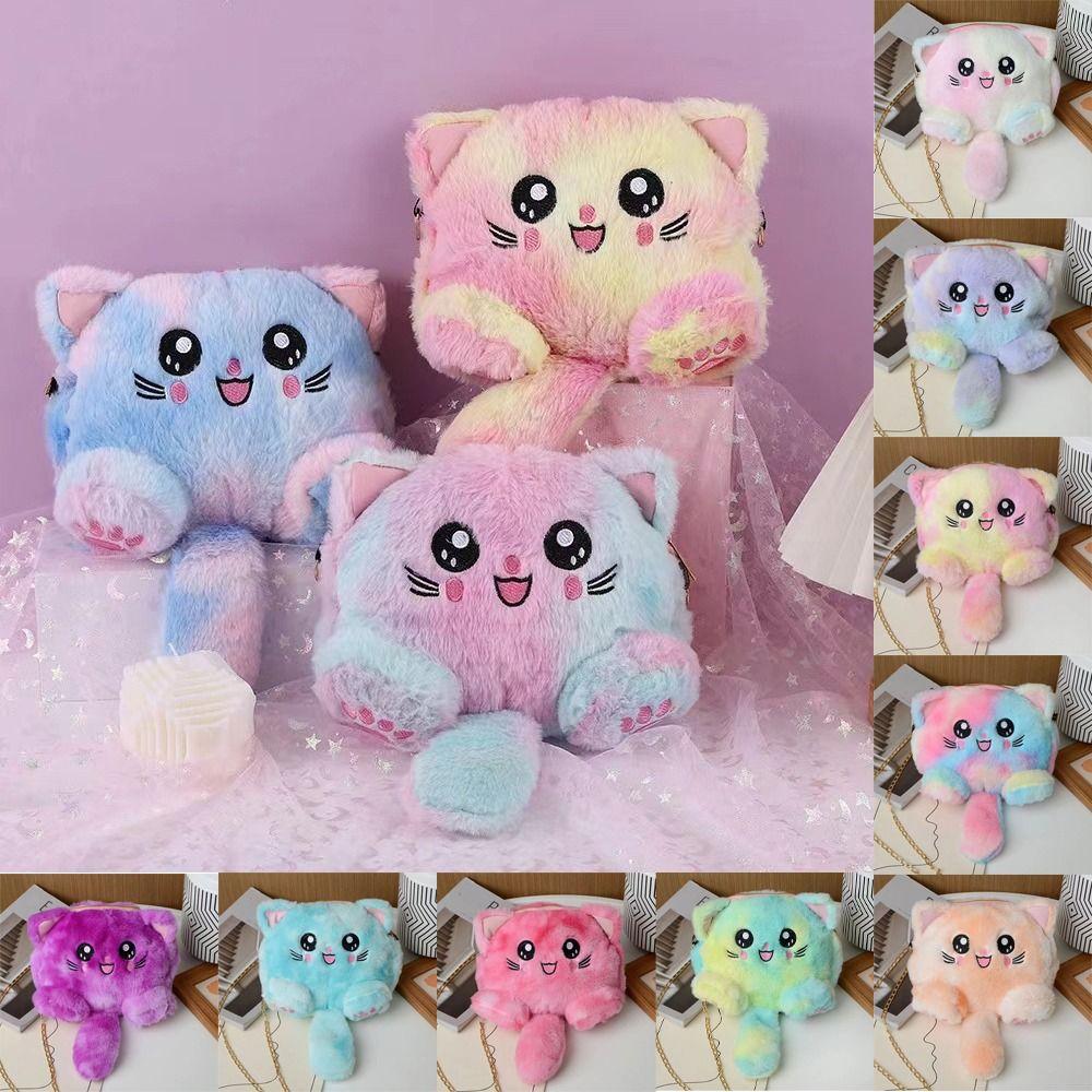 Rainbow Cat Shoulder Bag Faux Fur Stuffed Doll Bag Portable Plush Crossbody Bag  Streetwear