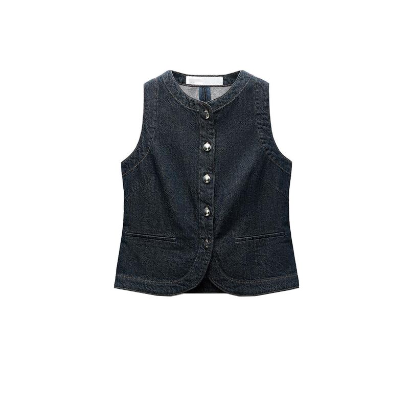 Spring and Summer New Round Neck Denim Silm Vest 3777021 Pleated Mid Waist Wide Leg Denim 3777023