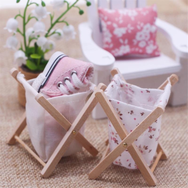 1:12 Miniature Wooden Folding Dollhouses Laundry Basket for Bathroom Decoration Miniature Model