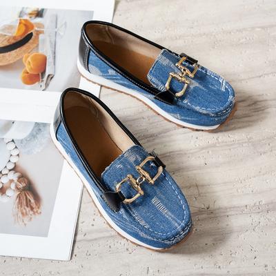 Модные женские модные балетки Осень Новые Круглый носок Деним Глубокий вырез Металлическая цепочка Противоскользящие Износостойкие Туфли с низким верхом