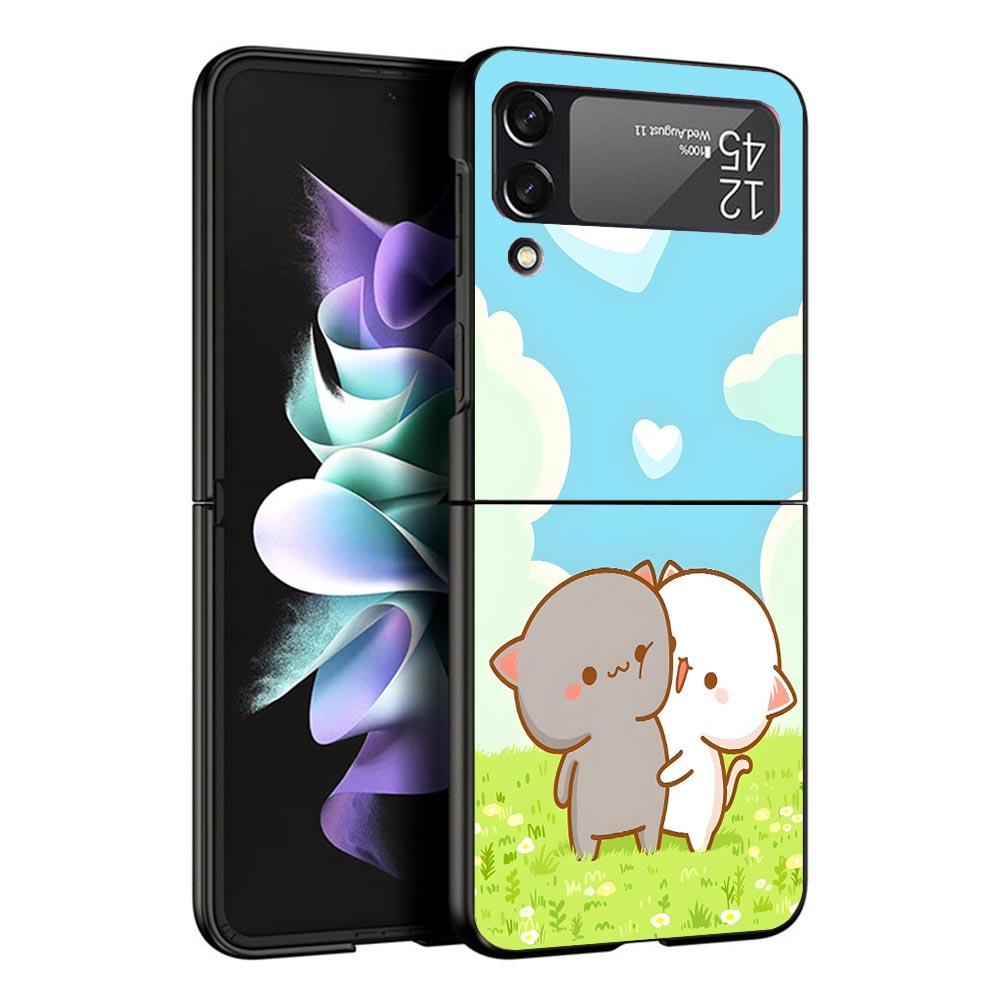 Cute Peach Goma Cat Black Phone Case For Samsung ZFlip7 ZFlip6 ZFlip5 ZFlip4 ZFlip3 5G Hard Protective Galaxy Z Flip 3 4 5 6 7