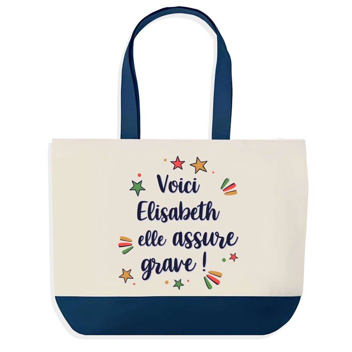 Tote bag - PLANETEE - Elisabeth elle assure grave - fond bleu - coton 40x45 cm - grand format