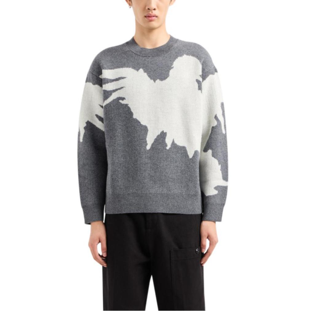 Emporio Armani FW23 Свитер с цветовыми блоками и круглым вырезом Вязаный свитер Женский свитер Серый Белый 6R1MXV-1MMEZ-0631