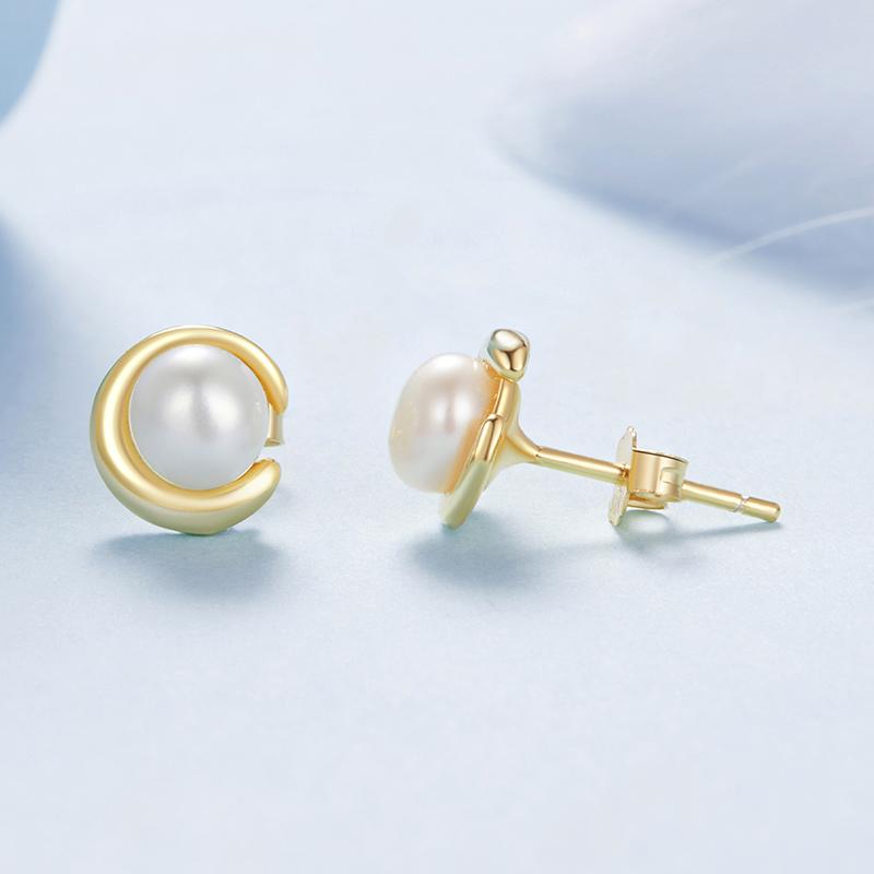 BAMOER 925 Sterling Silver Pearl Stud Earrings Freshwater Pearl For Women Grace Evening Accessories Plated Gold Fine Jewelry