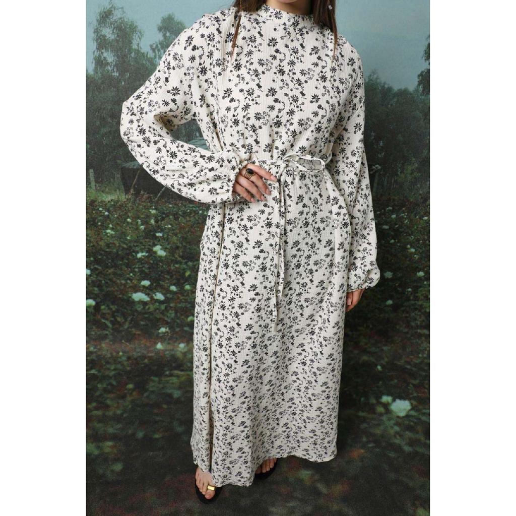 Floral Patterned Muslin Dress Black
