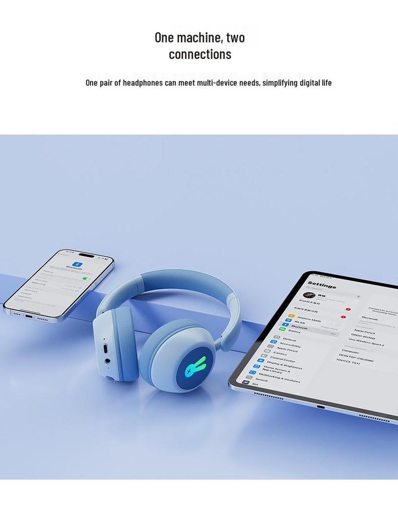 Детские беспроводные Bluetooth-наушники с оголовьем, защитой слуха и светящимися амбушюрами для длительного времени работы от аккумулятора