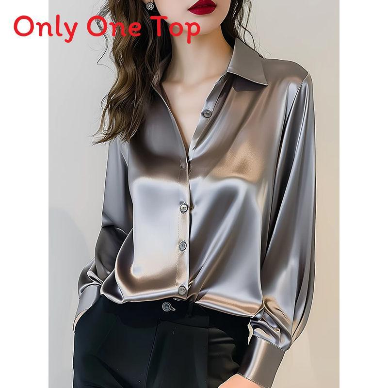 Womens Satin Purple Business Shirt With Long Sleeves For Office And Workwear