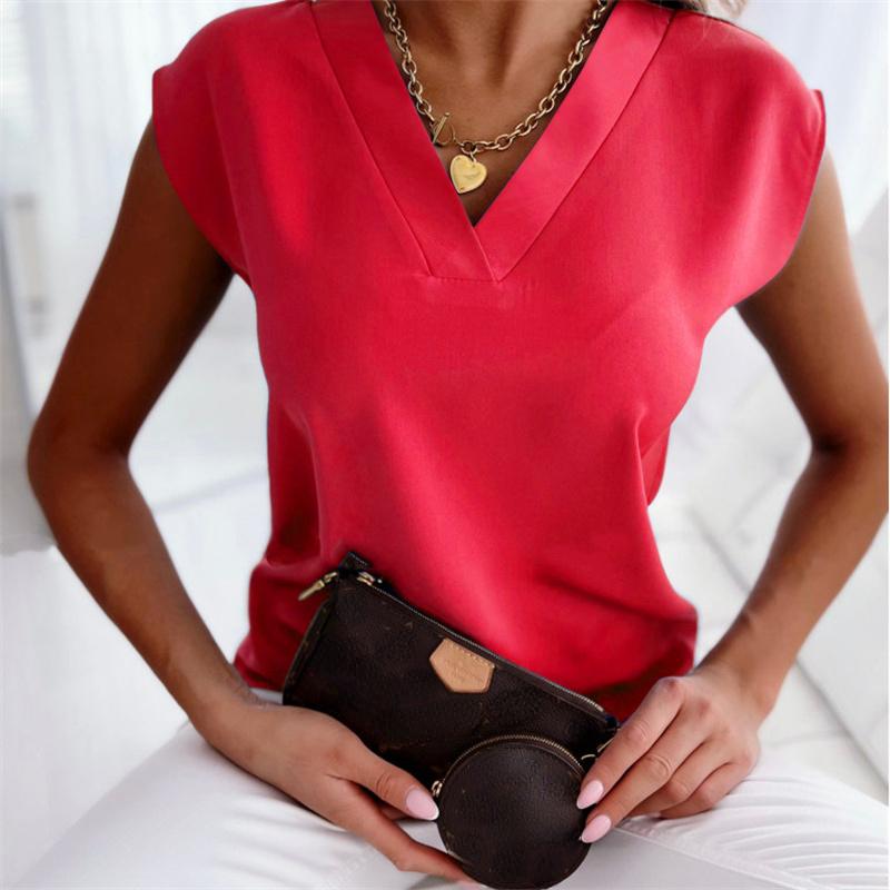 Летняя однотонная женская блузка с коротким рукавом и v-образным вырезом, женская одежда