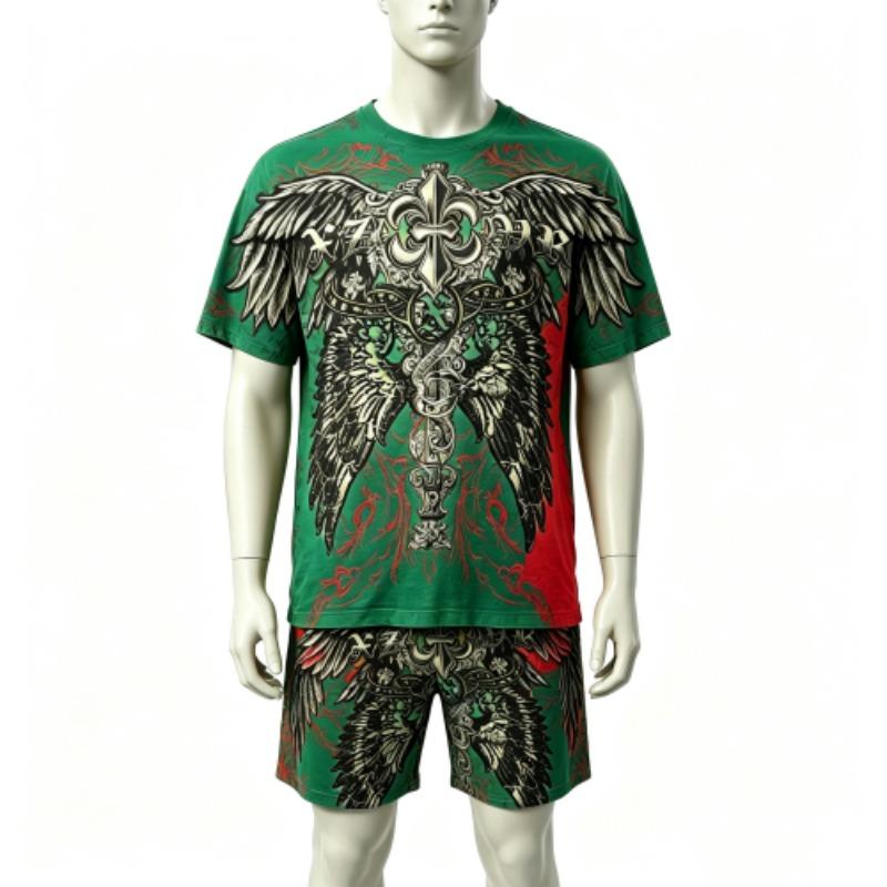 Fashion Summer Casual Retro Angel Wing Printed Round Neck Short Sleeved T-Shirt And Shorts Set Men's and Women's T-shirt Shorts Set