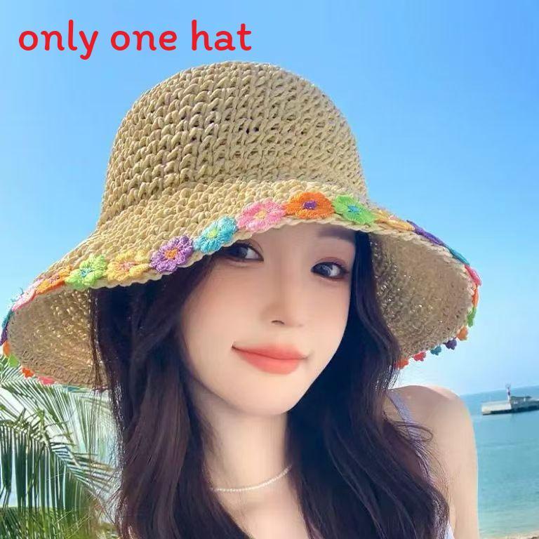 Floral Pattern Wide Brim Straw Hat With Adjustable Fit For Summer Outdoor Wear