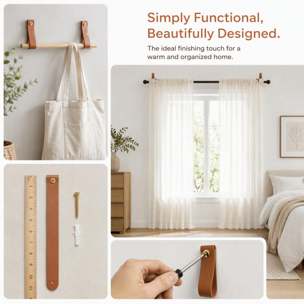 4PCS PU Leather Curtain Rod Holders Lychee Stria Texture 10.5 Inches Length Wall Mounted Strap Hooks Dark Brown Color