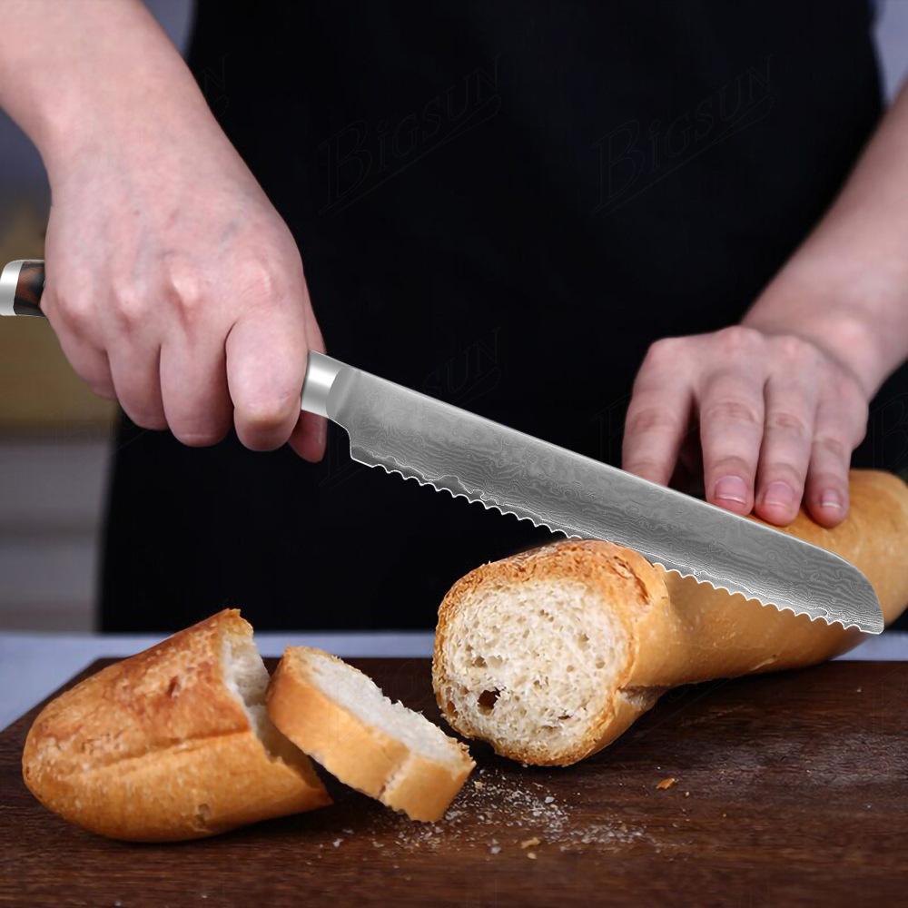Damascus Steel Bread Knife Toast Cutting Knives Serrated Blade Knife Kitchen Steak Knife