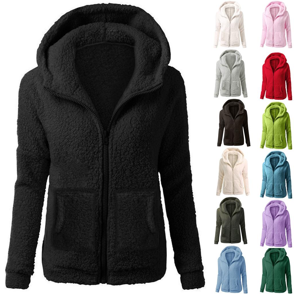 Women's Fashion Solid Colour Sweatshirt Loose Hooded Plush Zip Up Jacket Top