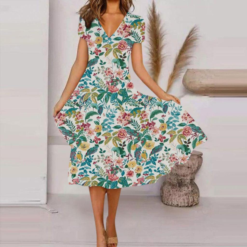 Women's Summer Casual Fashion Floral Print Short Sleeve V-Neck Swing Dress