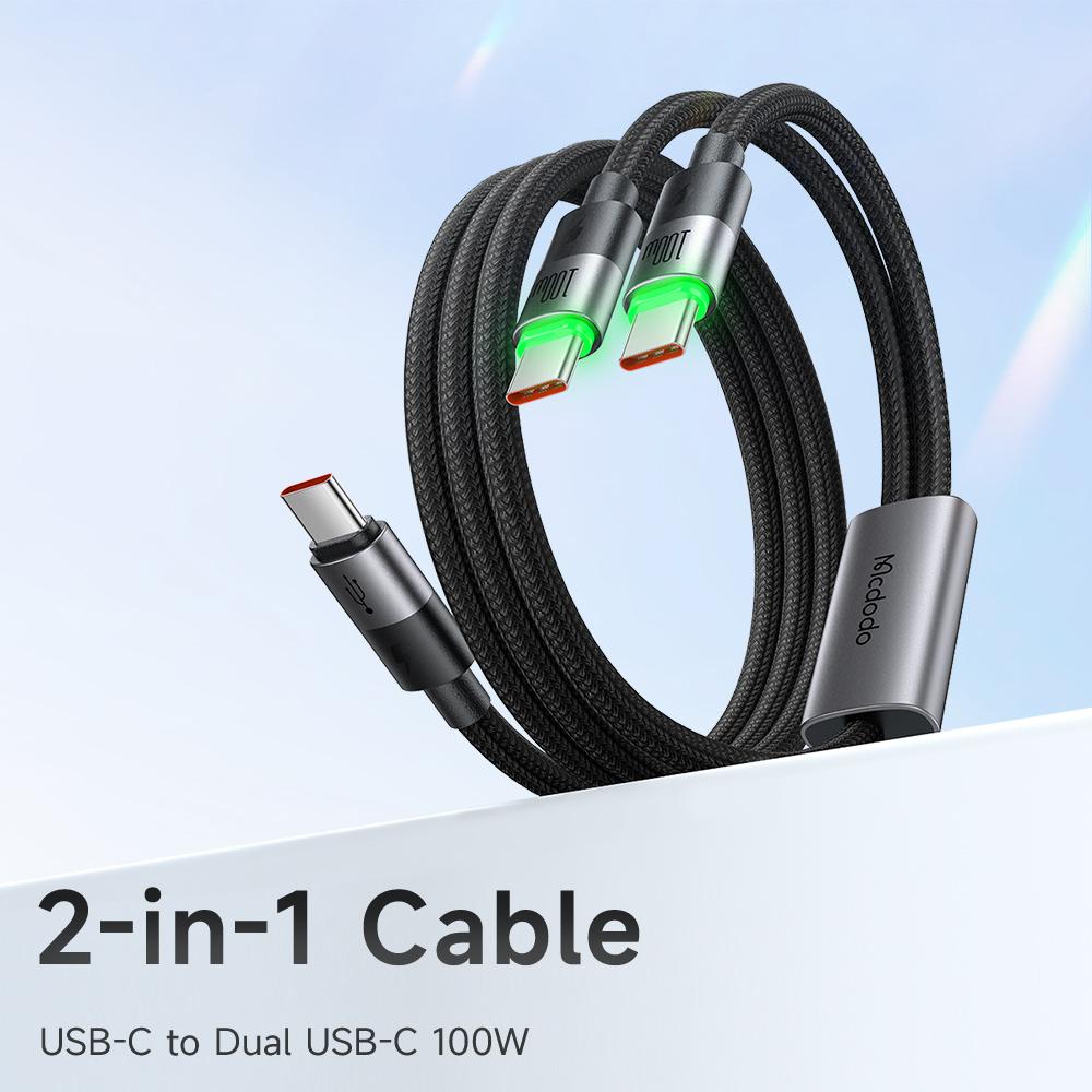 MCDODO CA-6740 2-в-1 USB-C Кабель 100 Вт Быстрая Зарядка Два порта Type-C Плетеный Шнур 1.5 м для Нескольких Устройств
