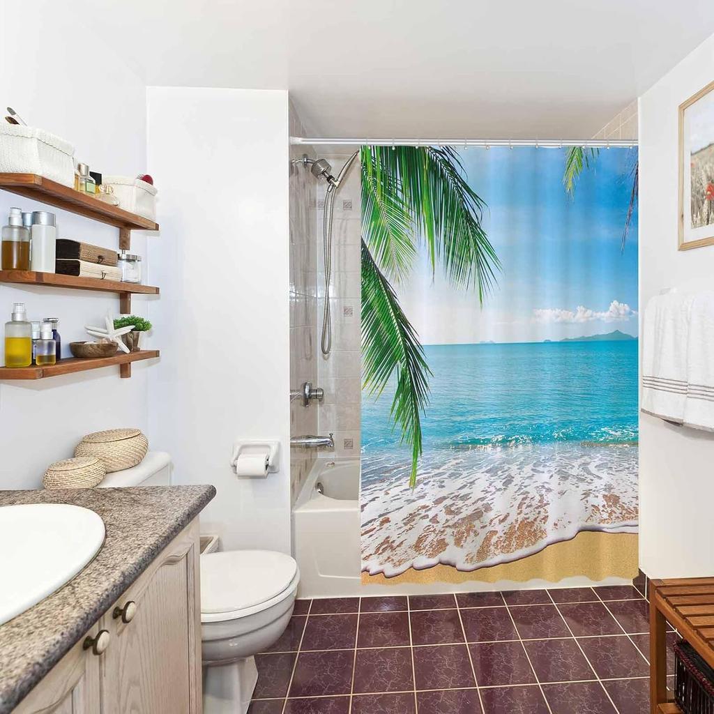Allenjoy 72" x 72" Tropical Beach Shower Curtain Summer Seaside Scene Ocean Island Palm Tree Bathroom Decorations Curtain Durable Bathtub Showers