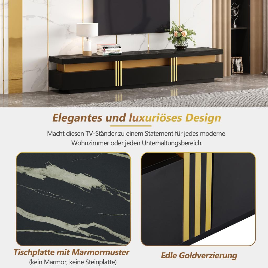 TV Cabinet TV Board Three Drawers, TV Stand for TVs Up To 90 Inches, TV Table Living Room, Dining Room, Bedroom, Ink. 200cm, Black