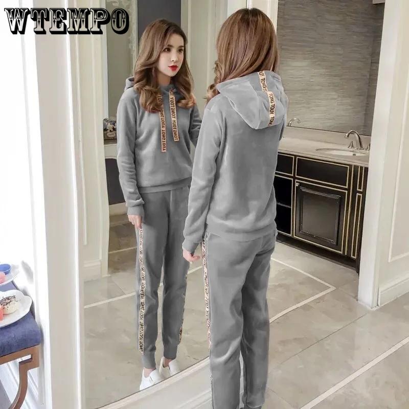 Warm Suit Women's Leisure Sports Suit Long-sleeved Plus Velvet Thickened Hoodie Women's Gold Velvet Hooded Sweater Two-piece Suit