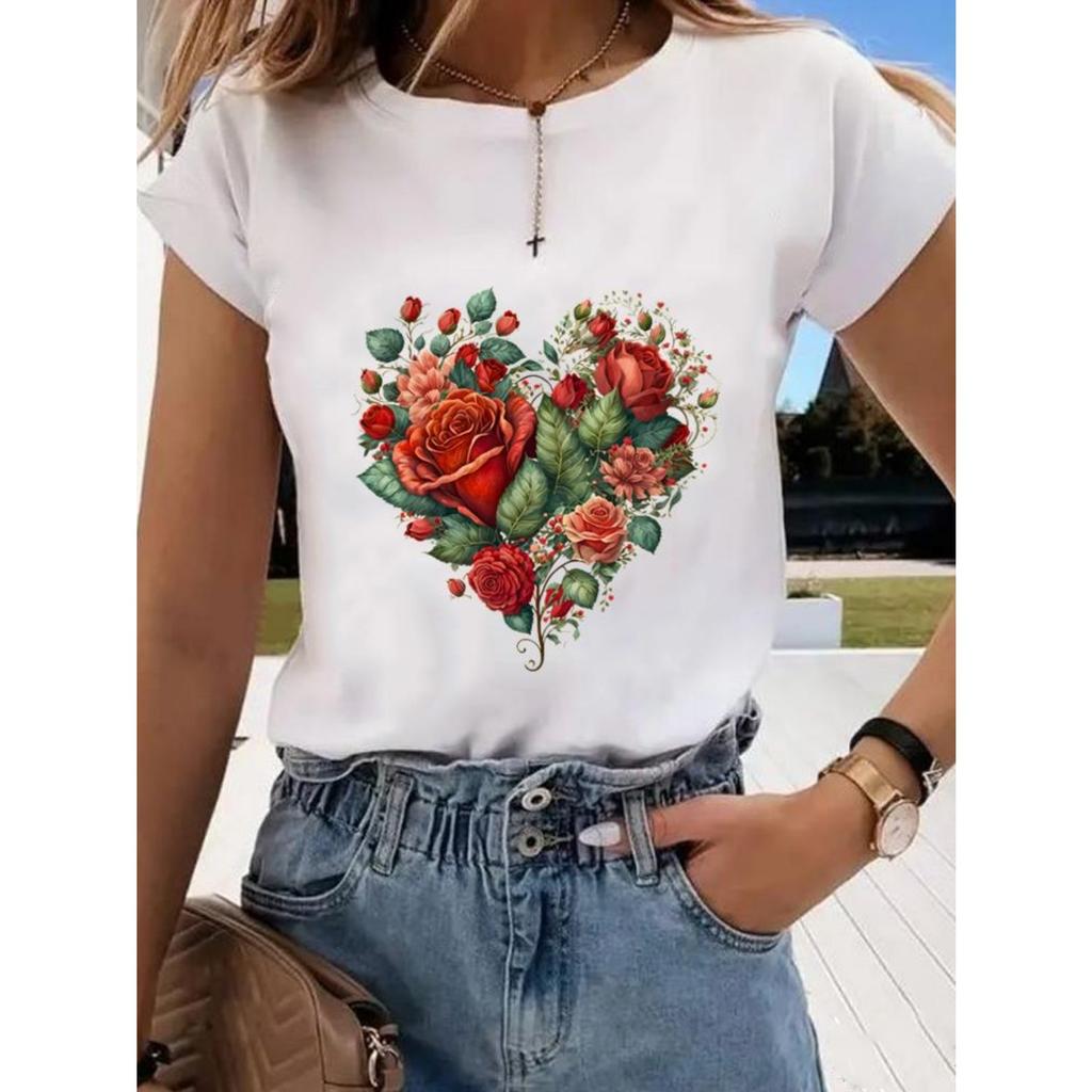 Floral Sweet and Cute Fashion Printing Women's O-neck Clothes T-shirt Short-sleeved Casual Daily Top
