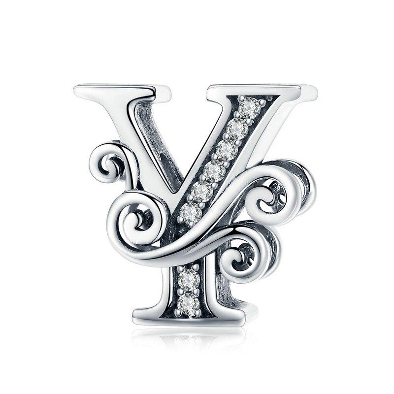 Bamoer Authentic 925 Sterling Silver Vintage Letter A To Z Zircon Bead Charms Fit Original Charm Bracelets DIY Jewelry