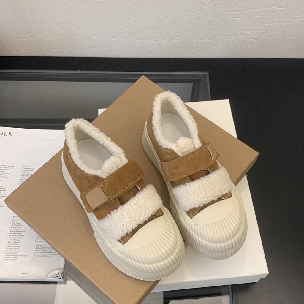 Шерстяная версия~ толстоподошвенные пушистые туфли для женской зимней носки, бархатные теплые хлопковые туфли, кожаные универсальные кеды, повседневные туфли-печенье