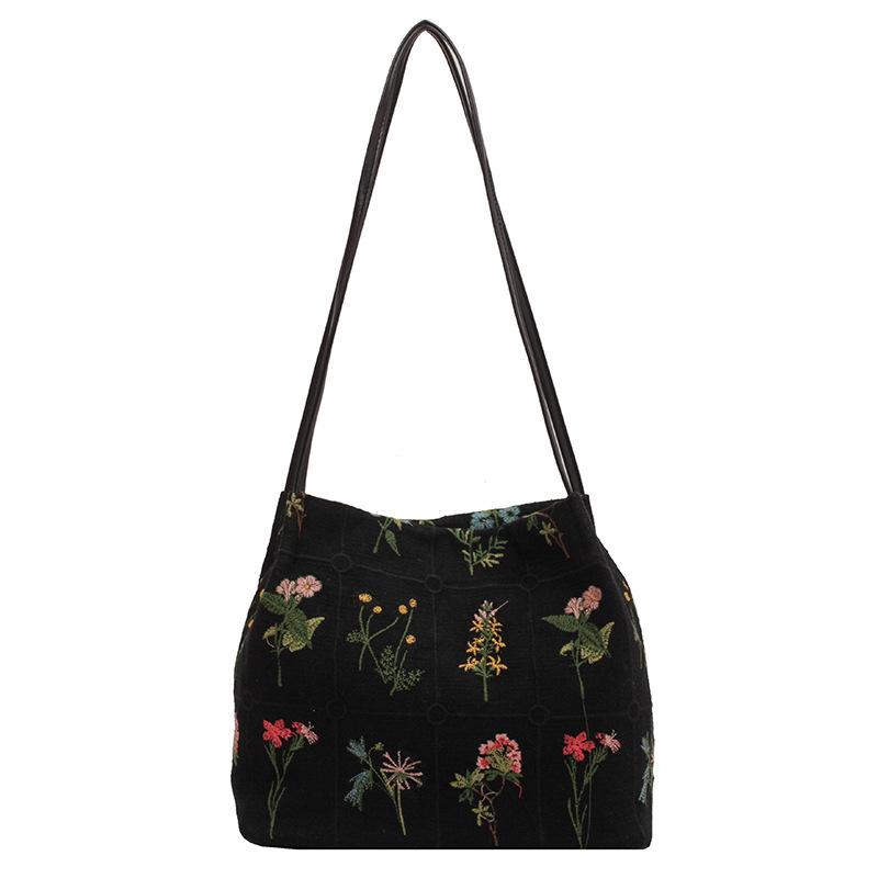 Large Capacity Embroidered Tote Bag for Women's Summer 2023 Fabric Bag Embroidered Shoulder Bag with Texture Bucket Bag