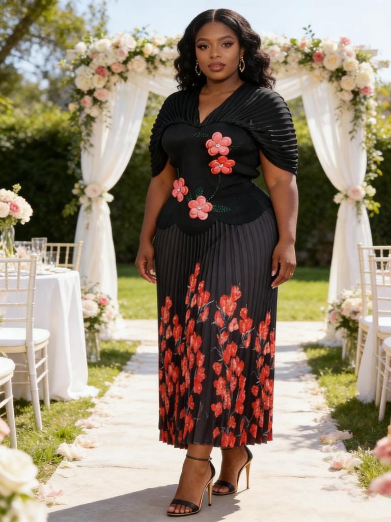 Элегантный набор Miyake Pleats Большого размера с рукавами-пузырями и цветочным дизайном со стразами