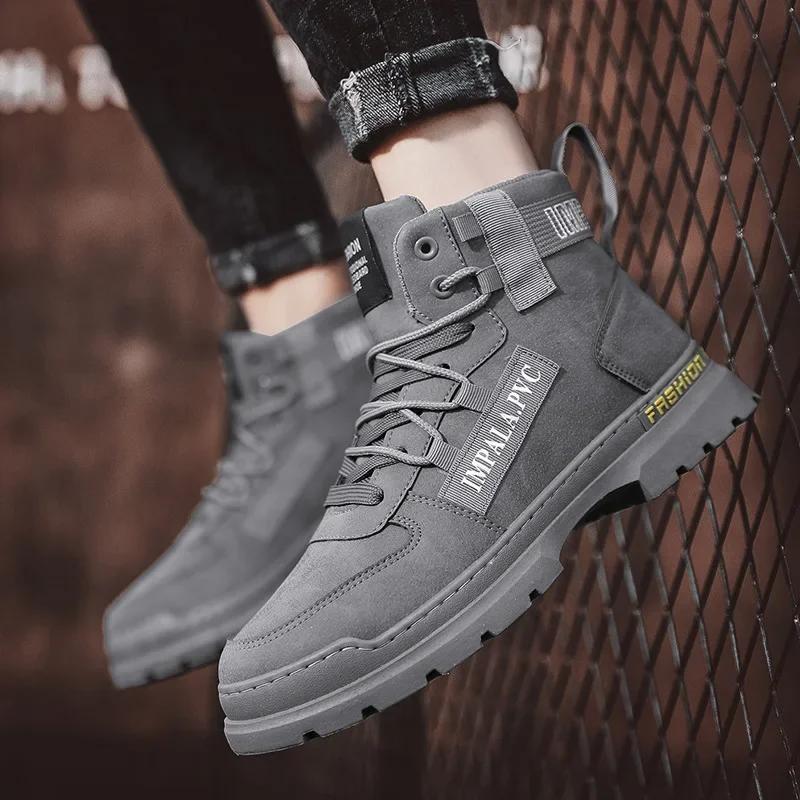 2024 зимняя мужская обувь, новые повседневные мужские ботинки на платформе, тактические туфли до щиколотки с высоким берцем, уличные прогулочные лоферы, кожаные армейские кроссовки