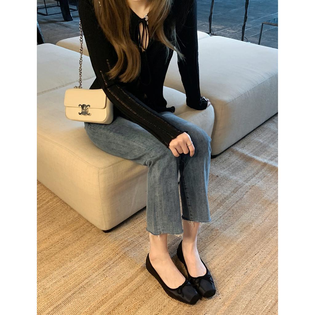 Silk _ Lambskin French Square Head Bow Flat Bottom One Pedal Showing Feet Small Shallow Mouth Ballet Shoes Single Shoes Women