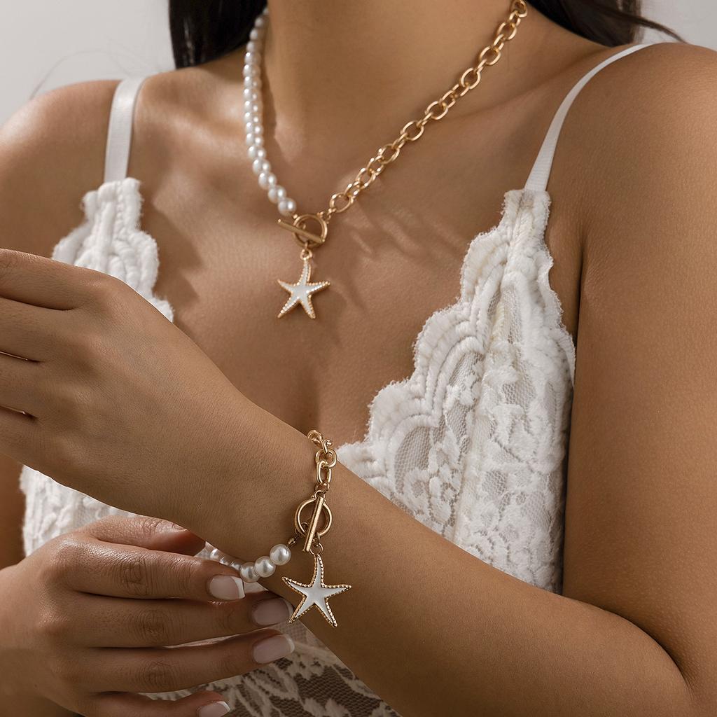 Ocean Style Colorful Star Pendant Necklace, Pastoral Vacation Asymmetrical Imitation Pearl Necklace