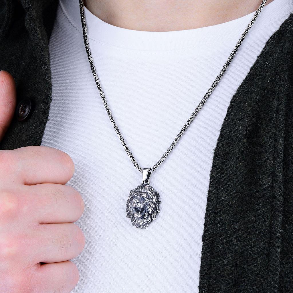 925K Sterling Silver Lion Head Pendant Necklace with Byzantine Chain,  Handcrafted Turkish Animal Jewelry for Men,  Unique Men's Gift Idea