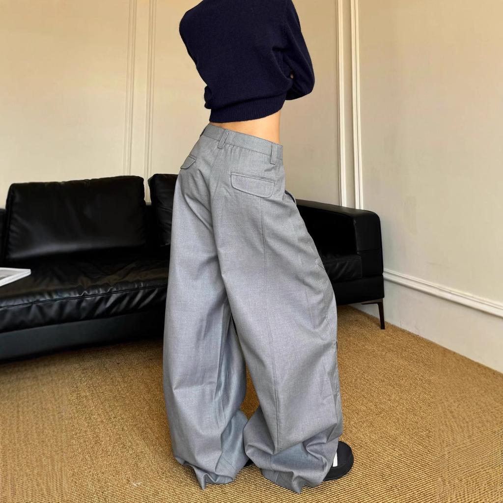 Women American Retro Y2K Suit Pants Loose Casual Vintage Pleated Wide-leg Pants Long Trousers