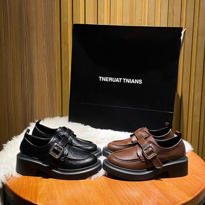 676 туфли-лоферы с круглым носком, на толстом каблуке, с одним ремешком, из маленькой кожи, женские