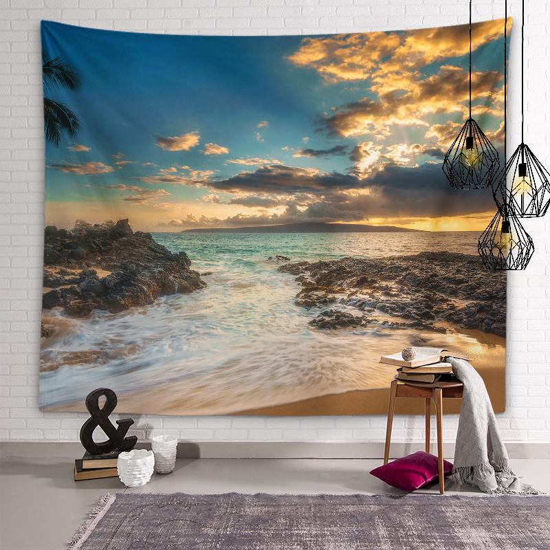 Пляжный пейзаж Гобелен Сумерки Закат Пейзаж Настенное художественное оформление Эстетика общежития Гостиная Спальня Украшение дома