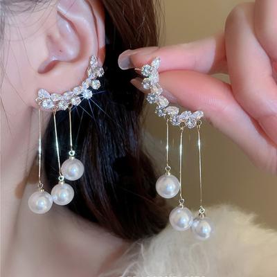 Серьги женские, модные, с темпераментом, легкая роскошь, трендовый дизайн, с цирконами, длинные, с бахромой, жемчужные