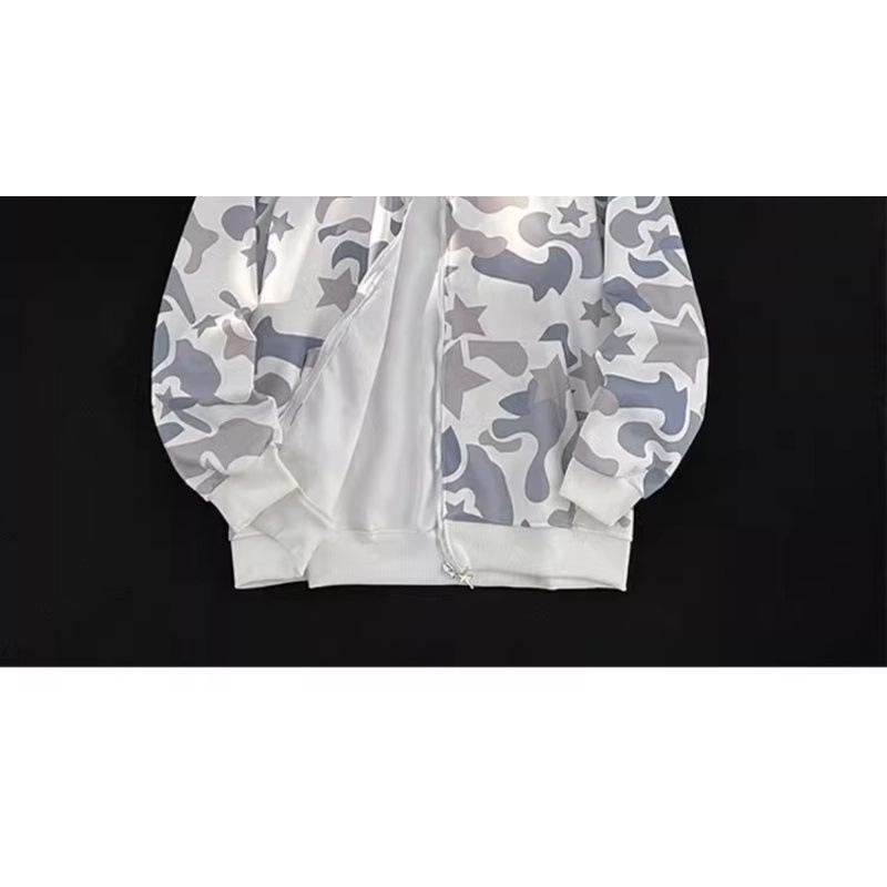 High Street Camo Shark Zip-Up Hoodie - Unisex, BF Style, Long Sleeve with Towel Embroidery