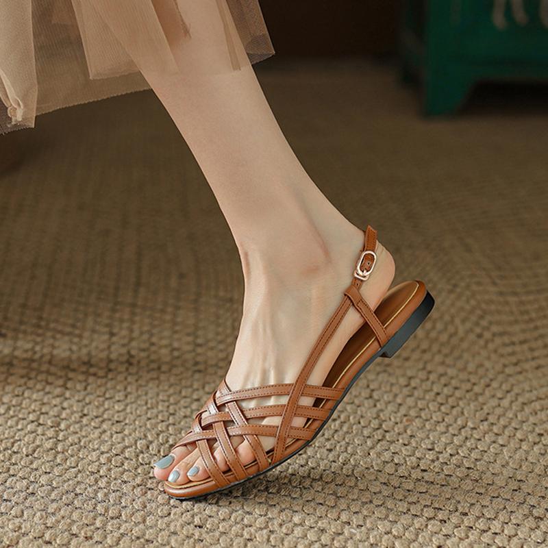 Сандалии женские римские 2024 летние туфли из искусственной кожи с узкими ремешками гладиаторские пляжные сандалии с открытым носком повседневные плоские сандалии