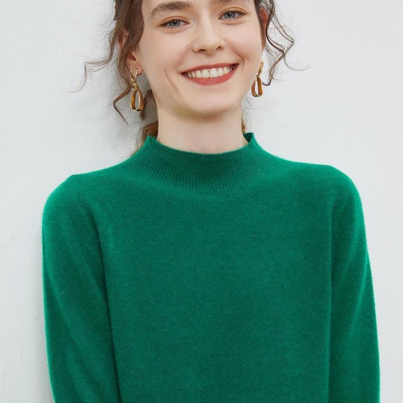 Осенне-зимний женский свитер с высоким воротником, свитер из 100% чистой шерсти, свободный тонкий свитер, однотонная нижняя рубашка с длинными рукавами